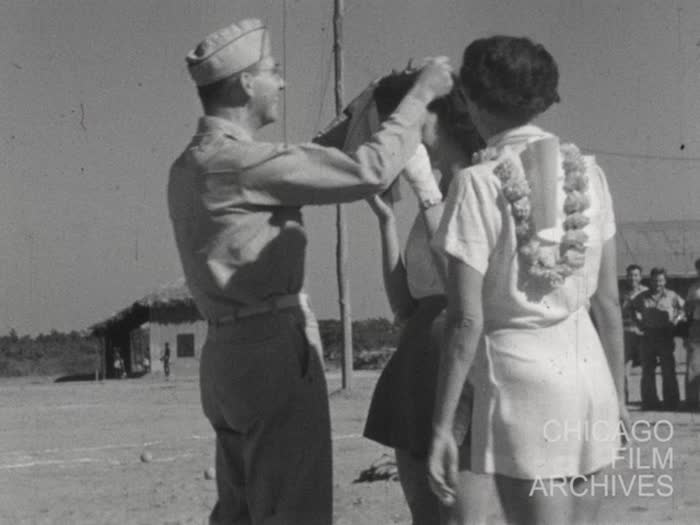 WWII: 1944 - X-Mas, Ball Game, Nurses vs Medics of 462nd Bombgroup Piardoba, India; 1945 - Tinian Scenes: Tennis by Donald Budgetal[?], Stage Show on Flying Line at Tinian Base