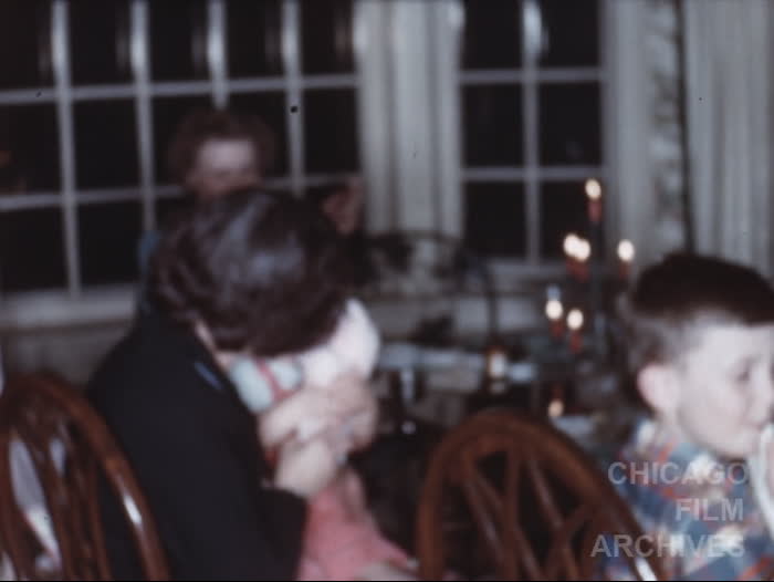 1951: Christmas at La Grange - Suzy - Doug & parakeet - Family and 1367 tree - Flash & gold fish